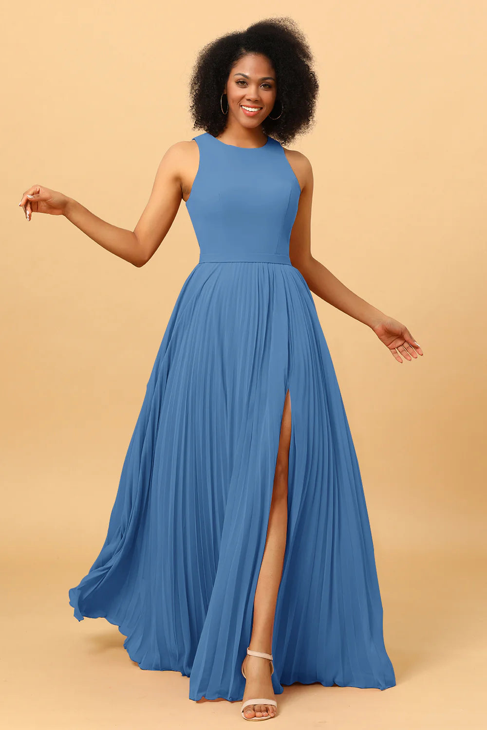 A Line Pleated Long Chiffon Bridesmaid Dress with Ruffles