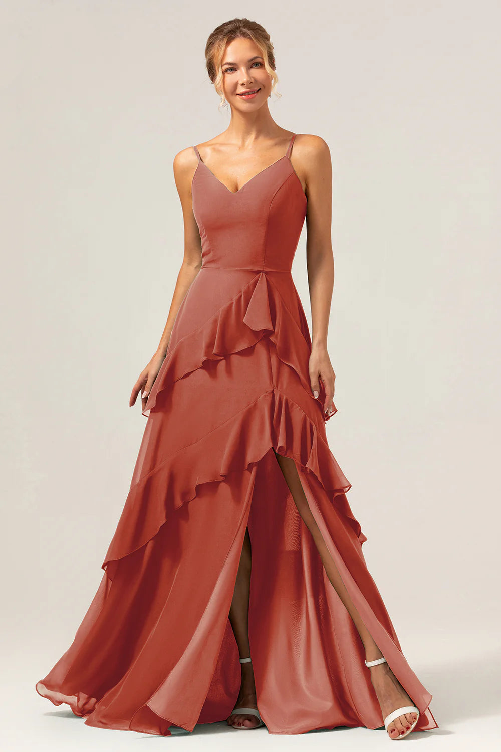 Dark Green A Line Spaghetti Straps Ruffled Chiffon Floor Length Bridesmaid Dress with Slit