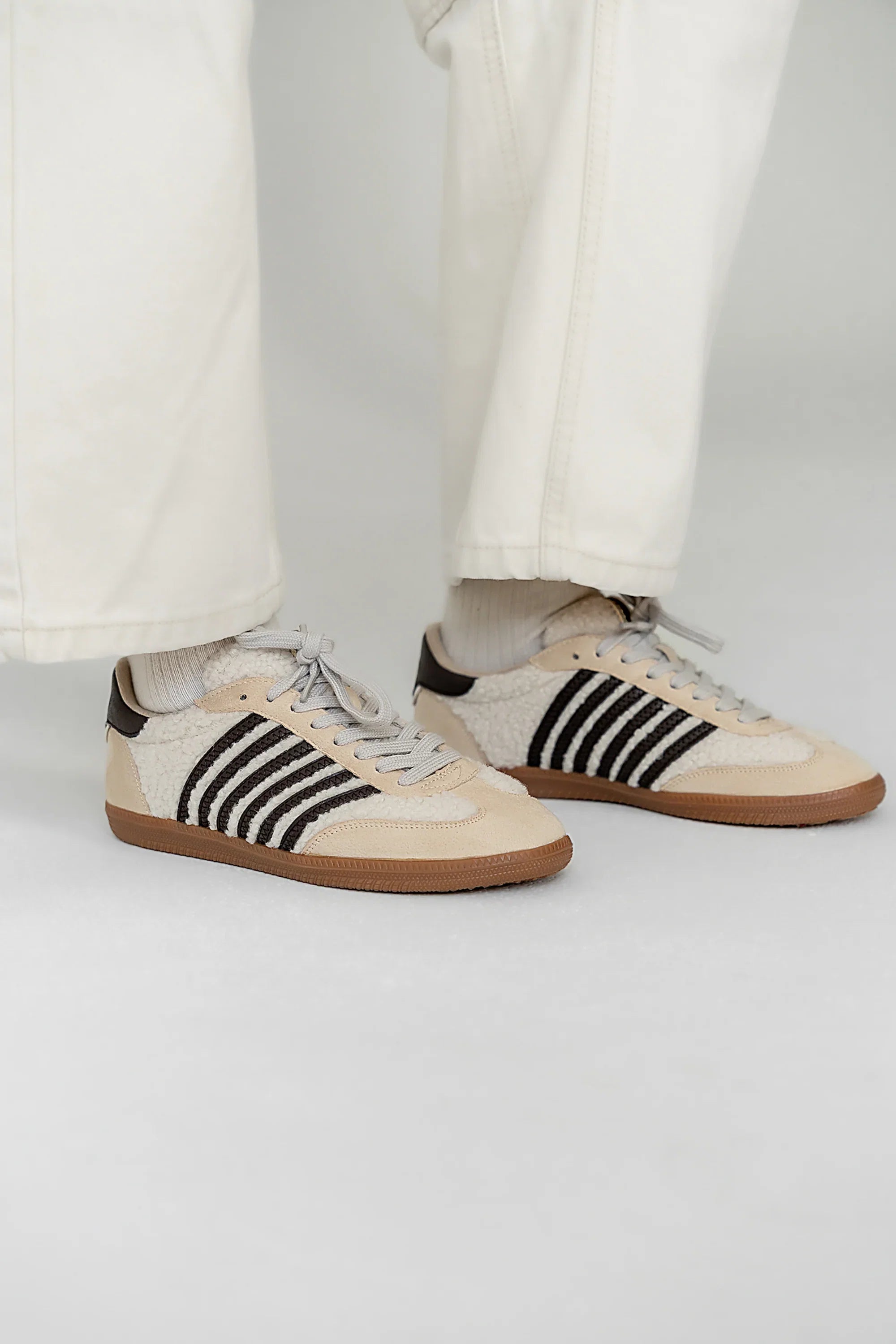 Stevie Striped Sneaker in Beige Shearling