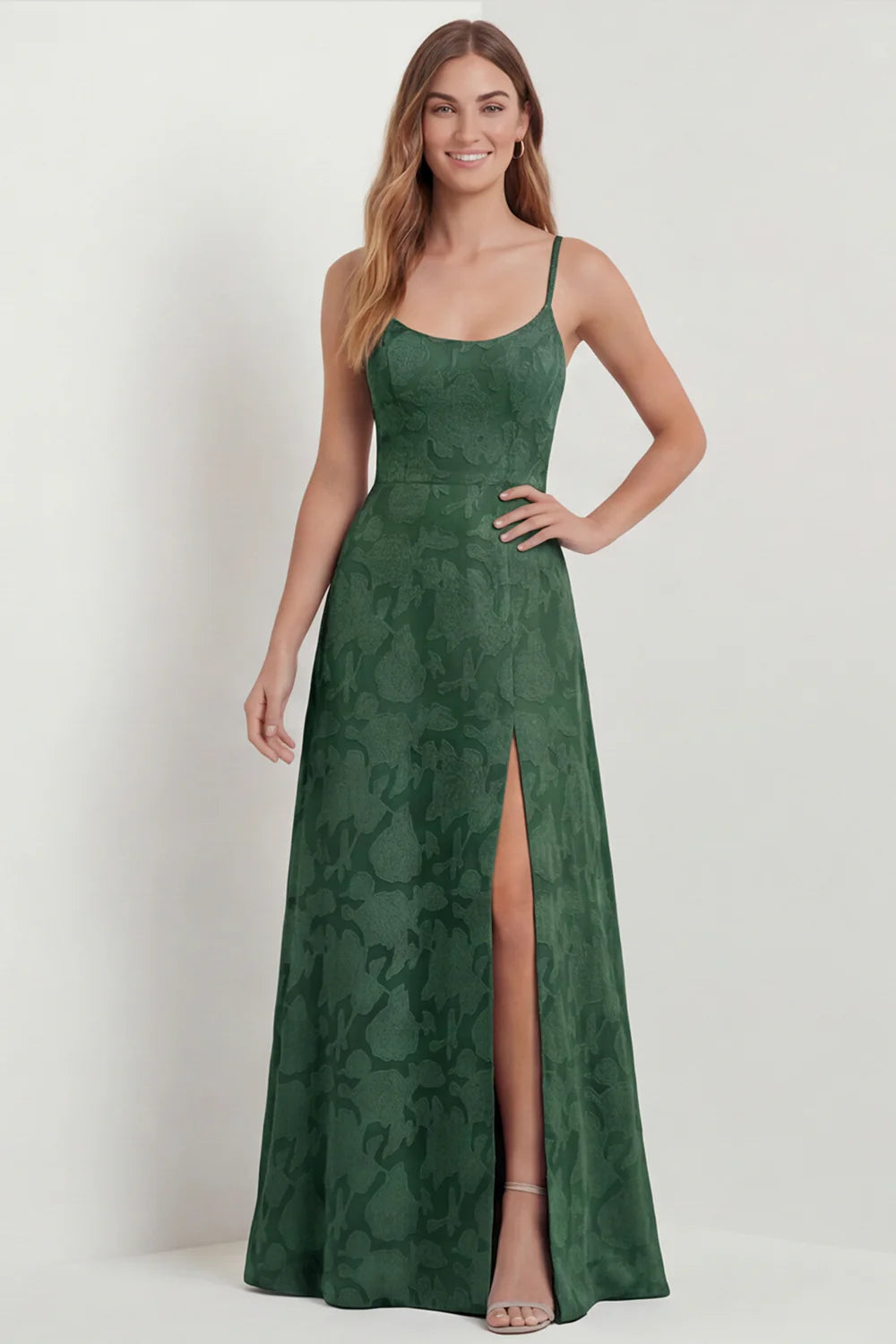 Dusty Blue A Line Floral Burnout Maxi Bridesmaid Dress with Slit
