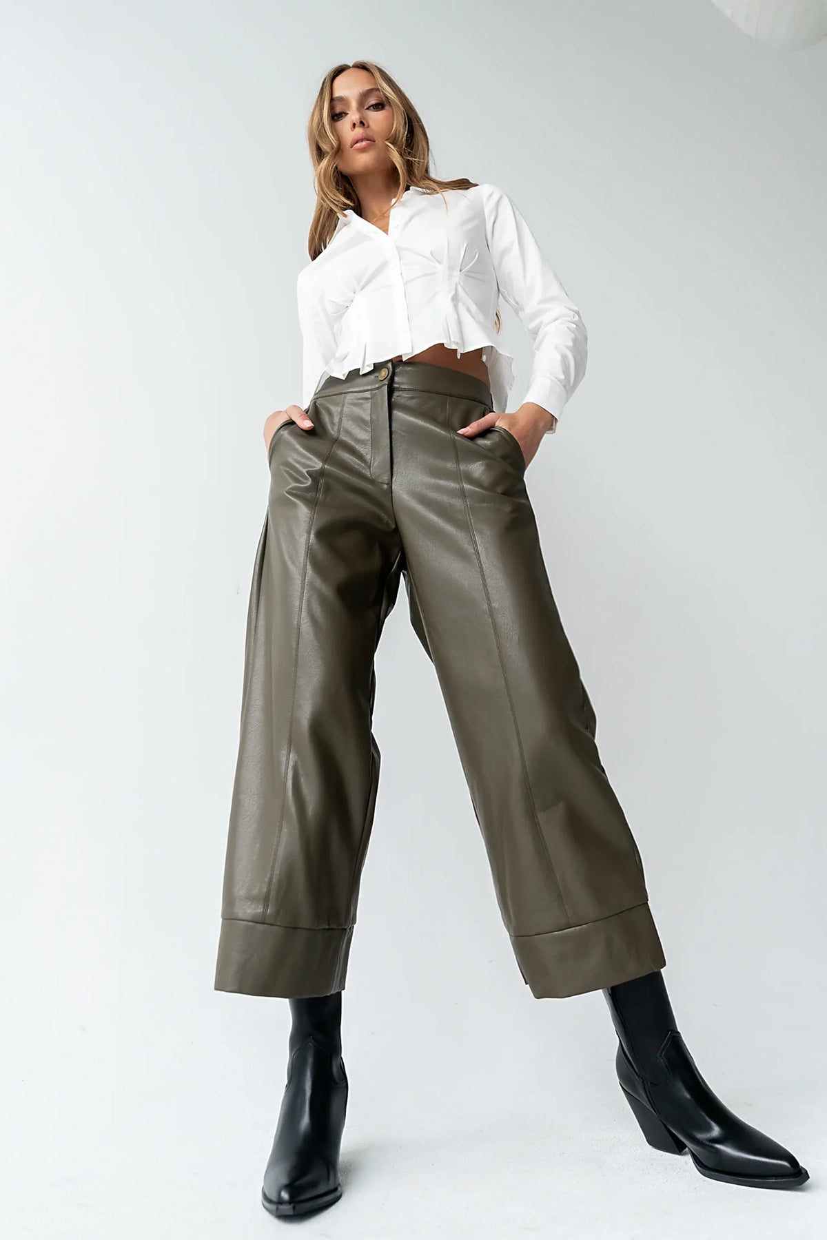 Ulani Vegan Leather Pants in Olive FINAL SALE