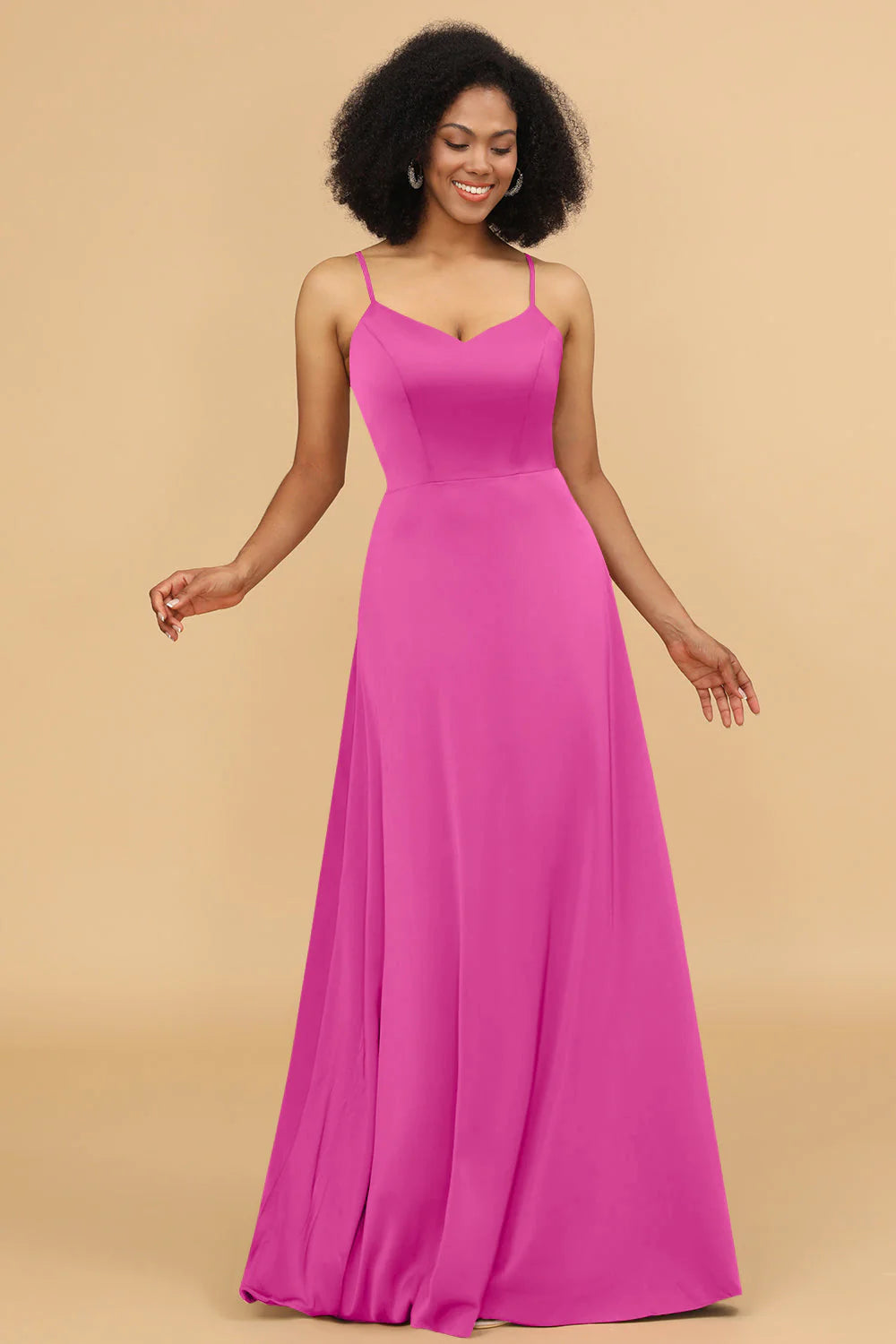 A Line Spaghetti Straps Floor Length Satin Bridesmaid Dress