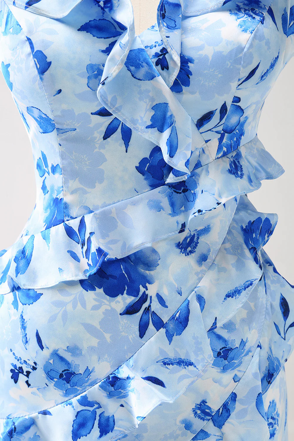 Blue Mermaid Spaghetti Straps Ruched Print Ruffle Bridesmaid Dress with Slit