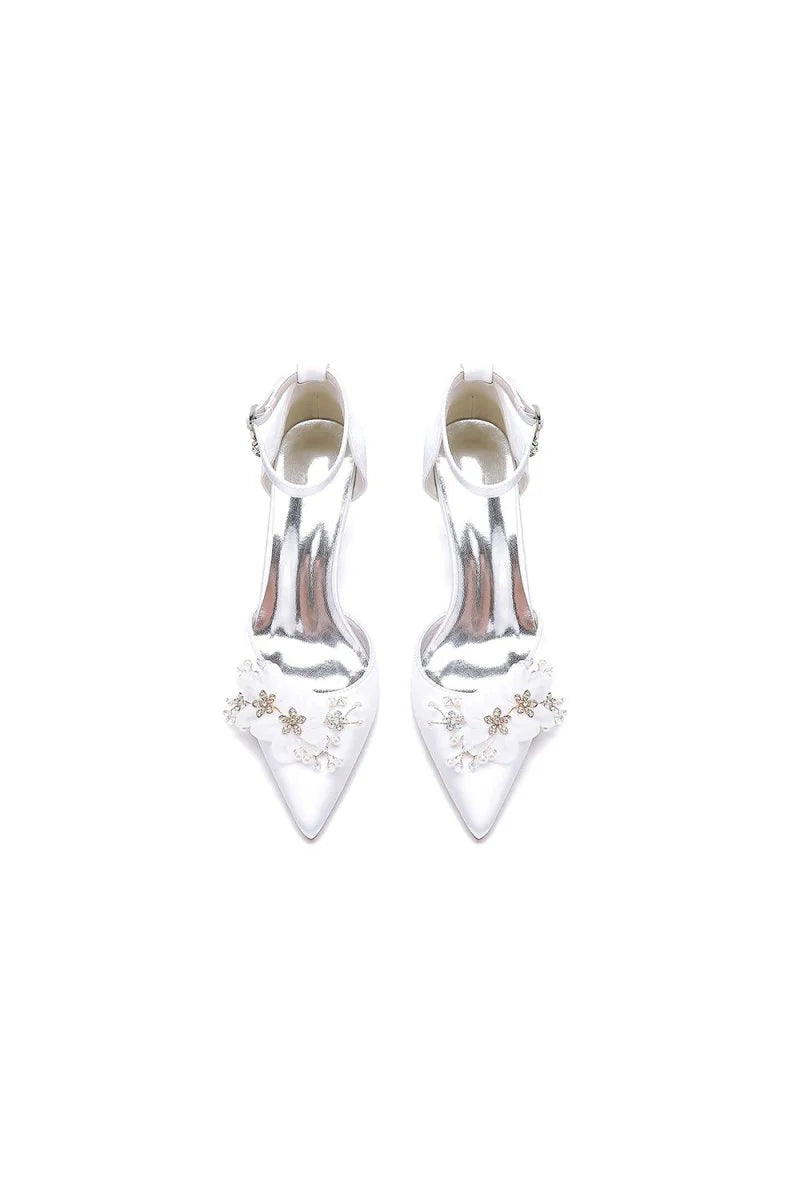 Womens Wedding Shoes Pointed Toe Ankle Strap Stiletto Heels with Rhinestone Flower