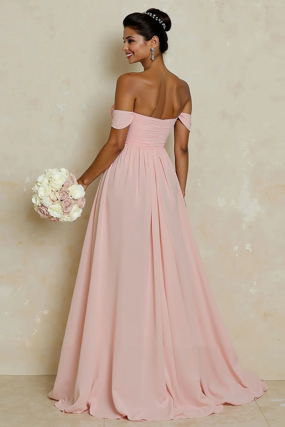 Off the Shoulder A Line Chiffon Blush Pink Bridesamid Dress with Slit