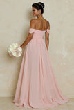 Off the Shoulder A Line Chiffon Blush Pink Bridesamid Dress with Slit