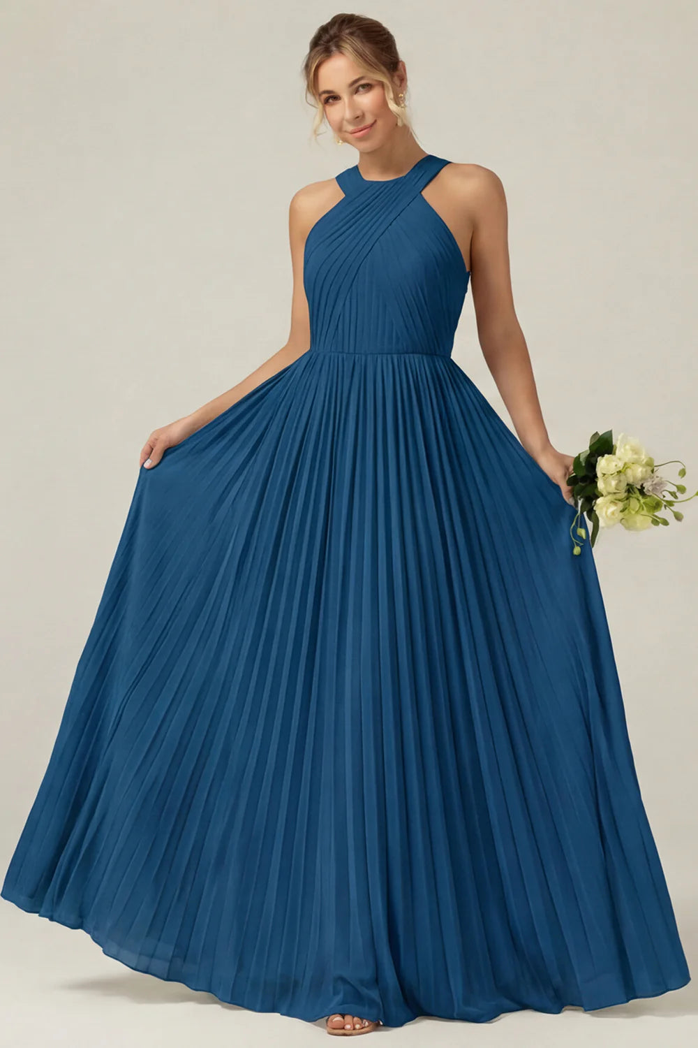 Dusty Sage A Line Halter Pleated Long Bridesmaid Dress