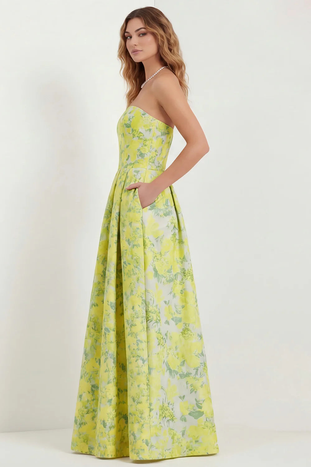 Blue Strapless Print A Line White Floral Long Satin Dress with Pockets
