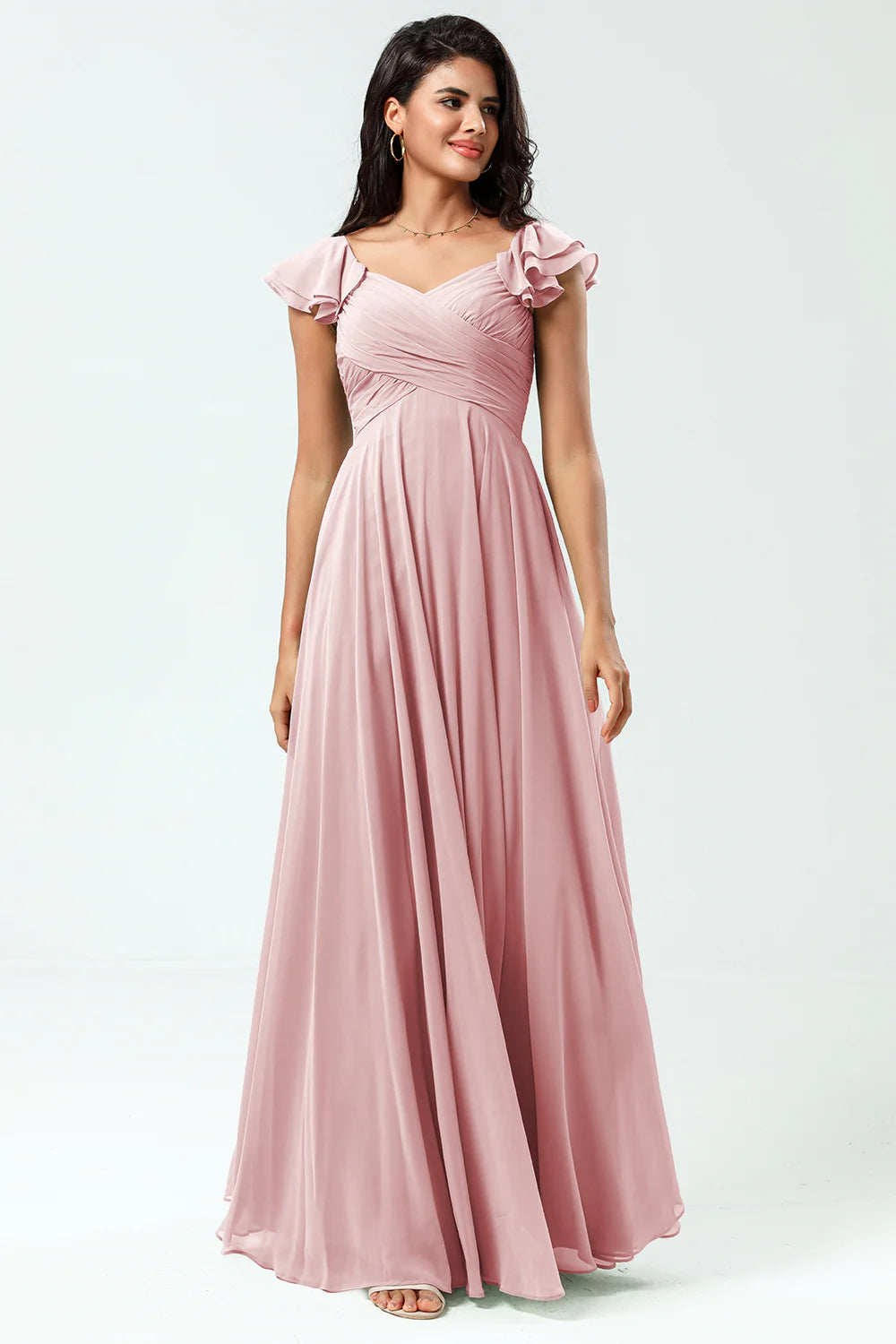 Lace Up Back Cross A Line Chiffon Bridesmaid Dress with Ruffles