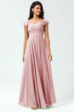 Lace Up Back Cross A Line Chiffon Bridesmaid Dress with Ruffles