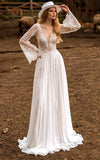 A Line Boho Lace Wedding Dress with Sleeves Plunging Neckline Sweep Train