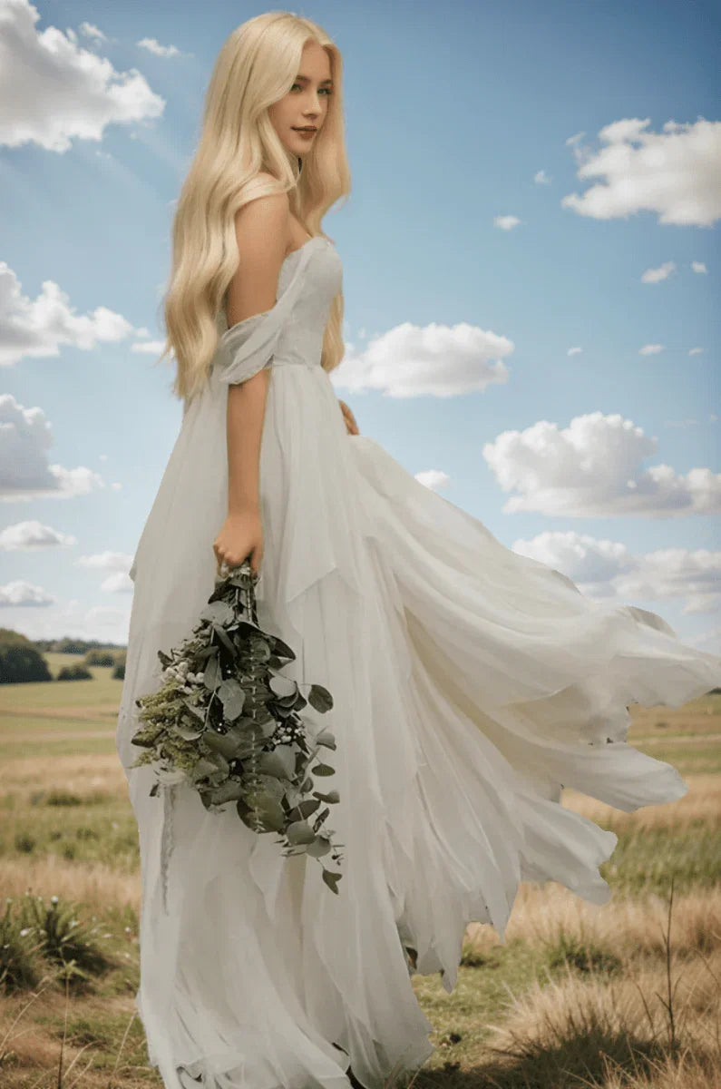 A Line Sweetheart Off the shoulder Chiffon Floor Length Wedding Dress