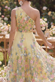 A Line Yellow One Shoulder Floral Wedding Guest Dress