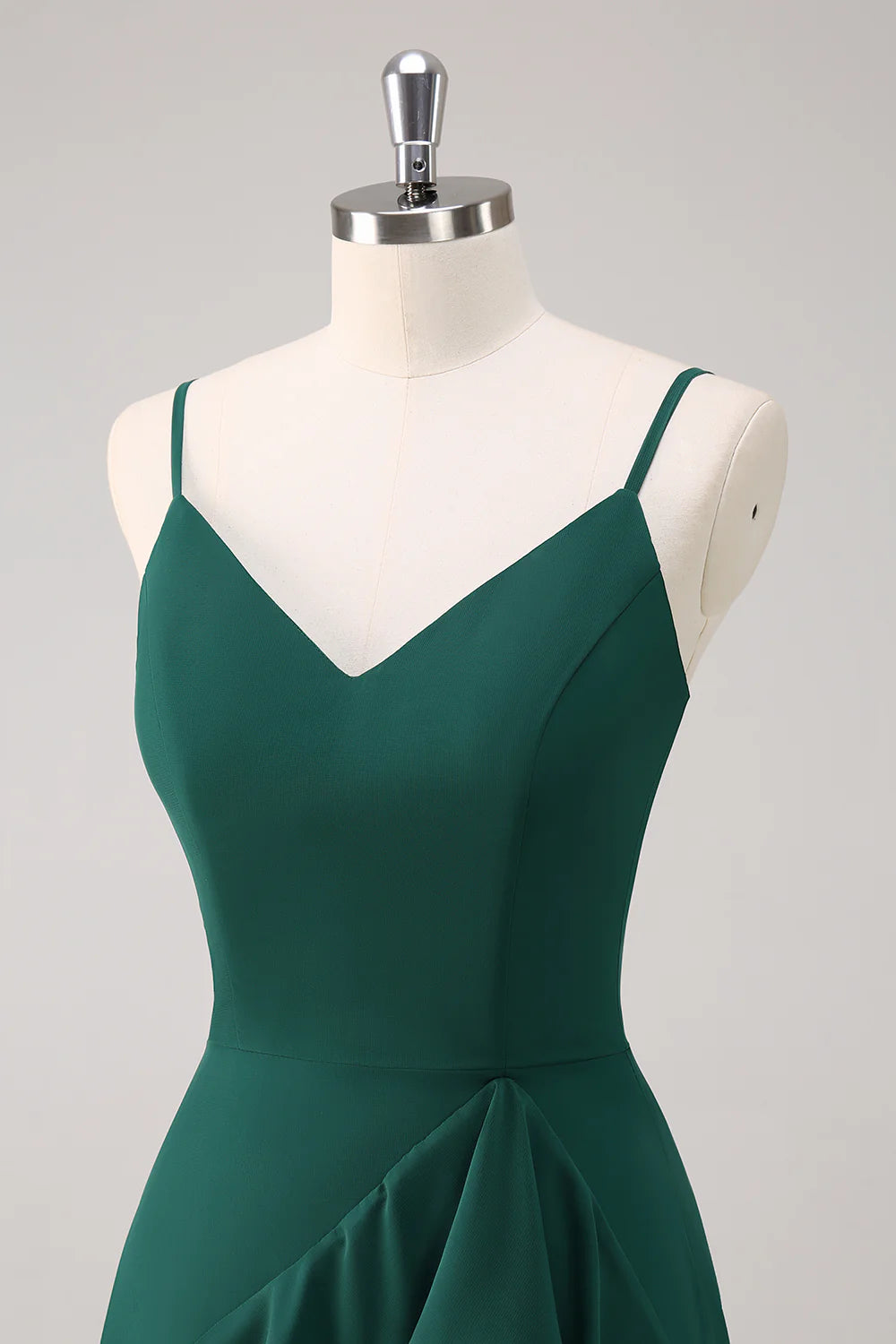 Dark Green A Line Spaghetti Straps Ruffled Chiffon Floor Length Bridesmaid Dress with Slit