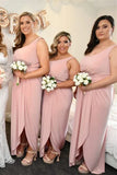 Pink One Shoulder Faux Wrap Satin Long Bridesmaid Dress