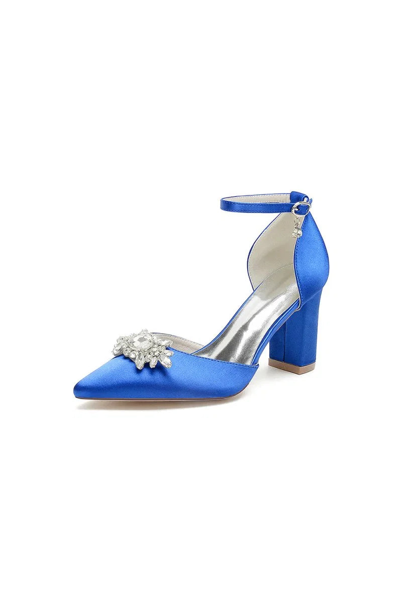 Pointed Toe Ankle Strap Chunky Heel With Rhinestone