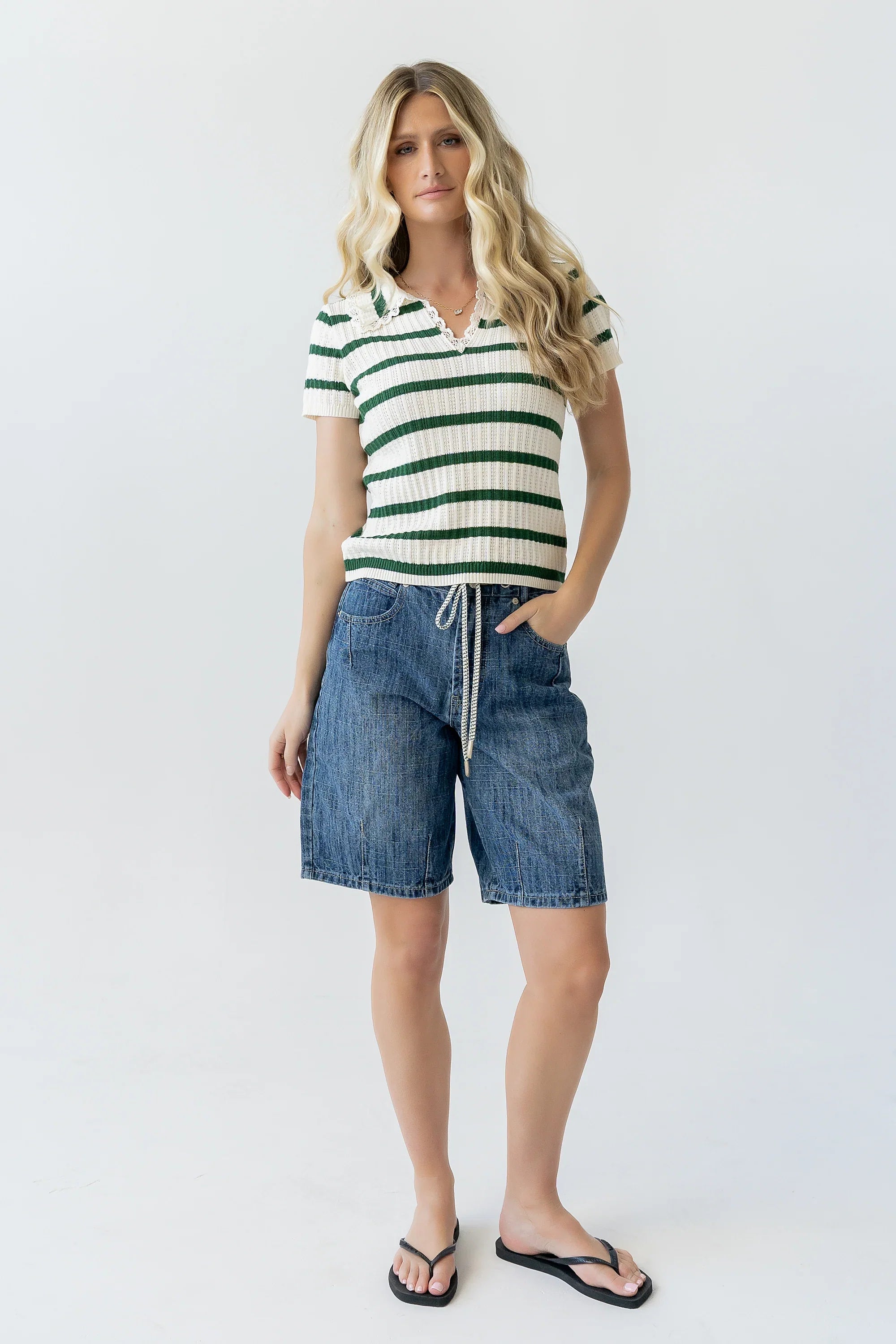 Tess Striped Collared Top in Green
