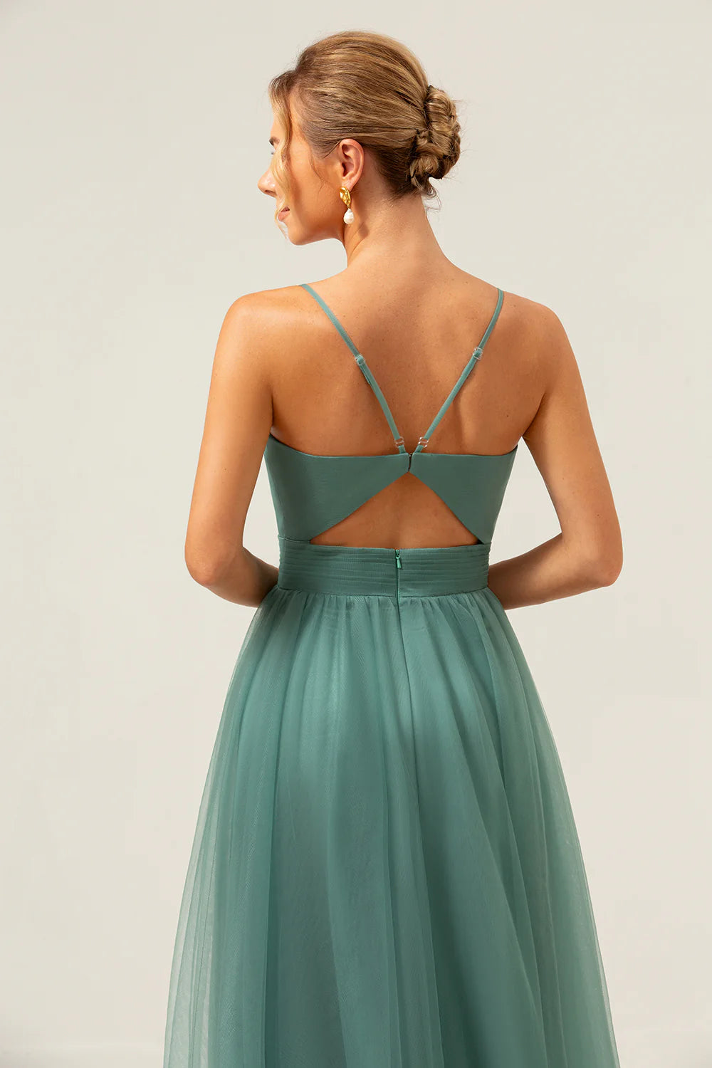 Eucalyptus A Line Spaghetti Straps Ruched Floor Length Bridesmaid Dress