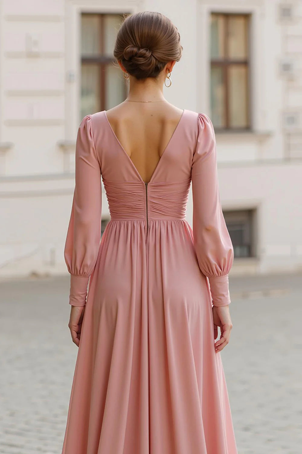 Elegant Vintage Mauve A Line V Neck Long Sleeves Bridesmaid Dress