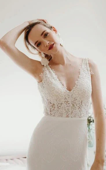 Lace Sleeveless Elegant Mermaid Plunging V neck Bridal Gown With Deep V back And Buttons