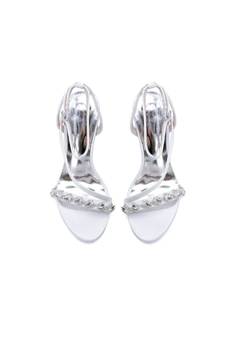 Open Toe Ankle Strap Satin Chunky Heels With Rhinestone