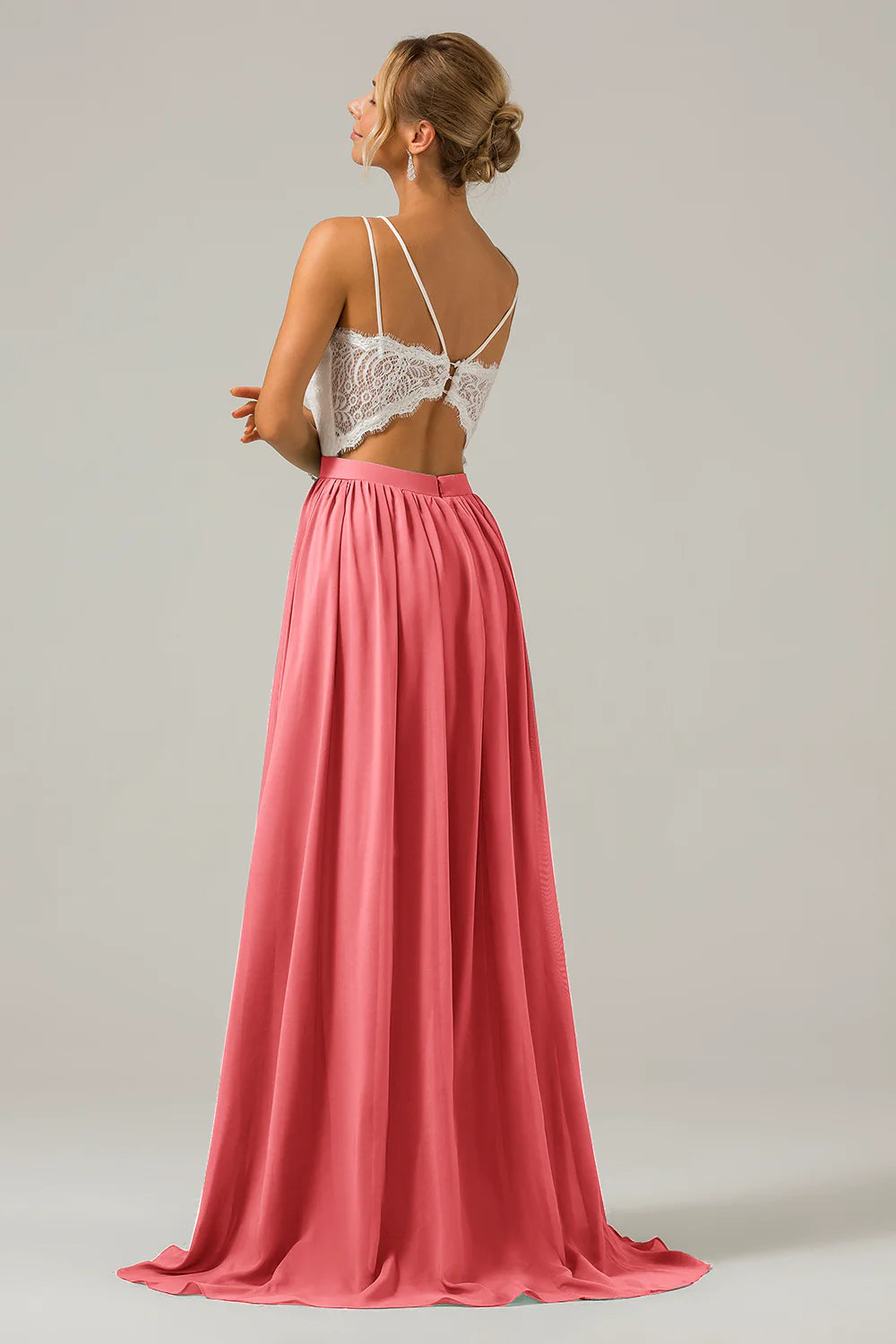 A Line Spaghetti Straps Pleated Long Bridesmaid Dress With Lace