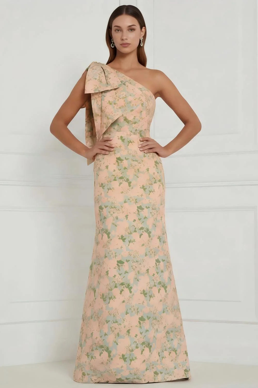 Blue White Flower Mermaid One Shoulder Print Long Bridesmaid Dress with Bow