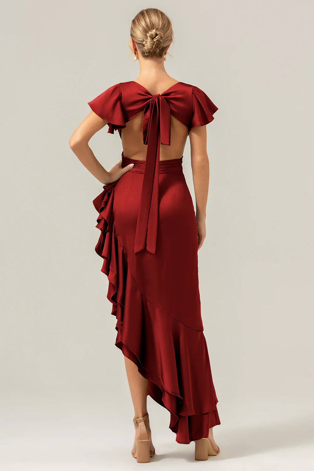 A Line V Neck Asymmetrical Olive Bridesmaid Dress with Ruffle Slit