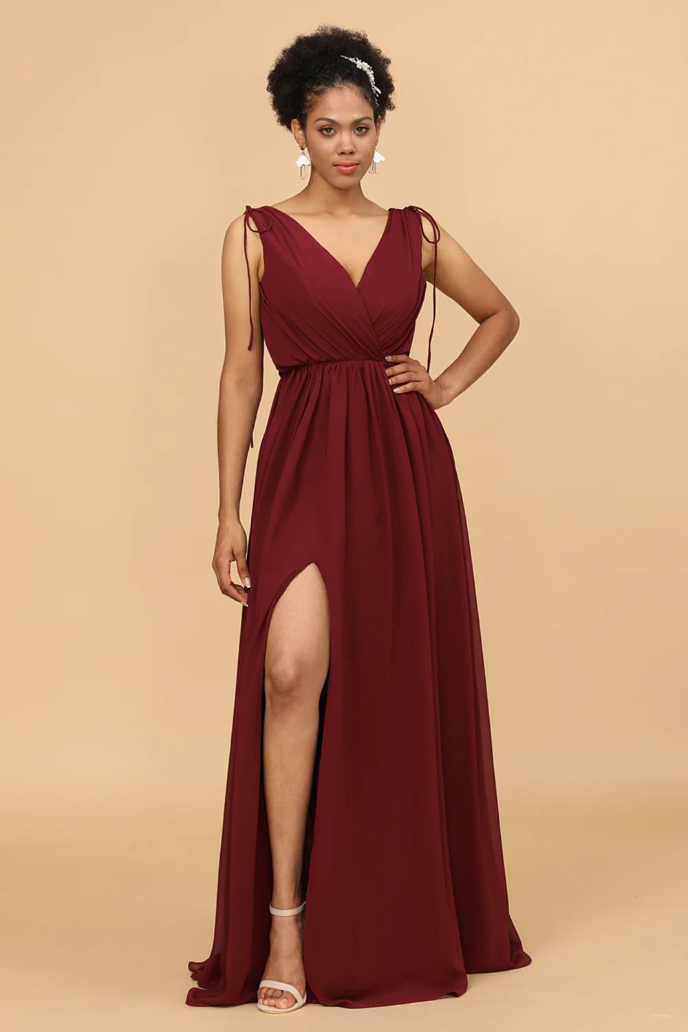 A Line Ruched V Neck Sleeveless Chiffon Bridesmaid Dress with Slit