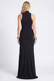 Black High Neck Sheath Ruched Formal Dress with Slit