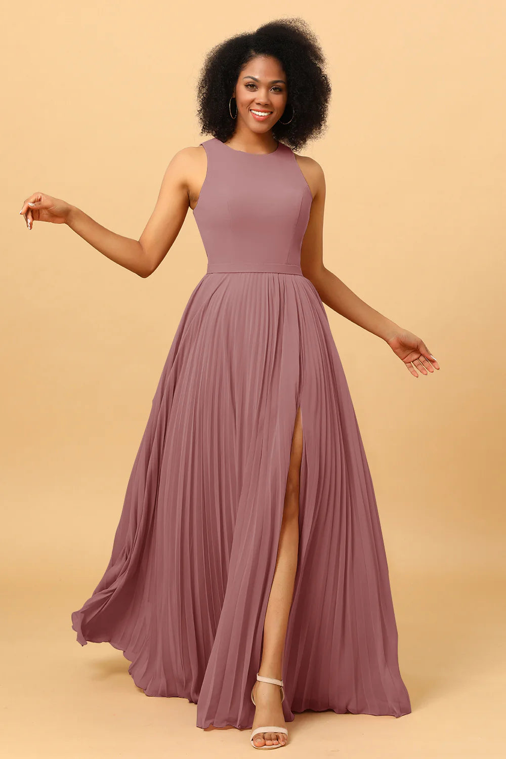 A Line Pleated Long Chiffon Bridesmaid Dress with Ruffles
