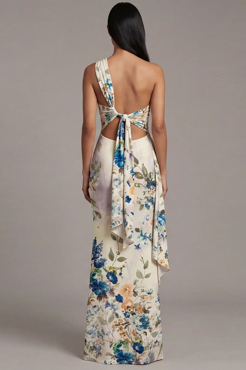 One Shoulder Cut Out Printed Ivory Maxi Formal Dress