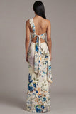 One Shoulder Cut Out Printed Ivory Maxi Formal Dress