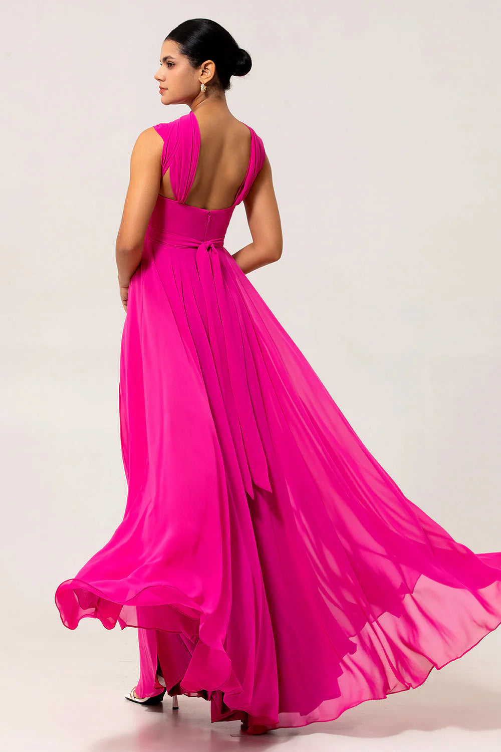 Fuchsia A Line Open Back Convertible Chiffon Long Bridesmaid Dress with Slit