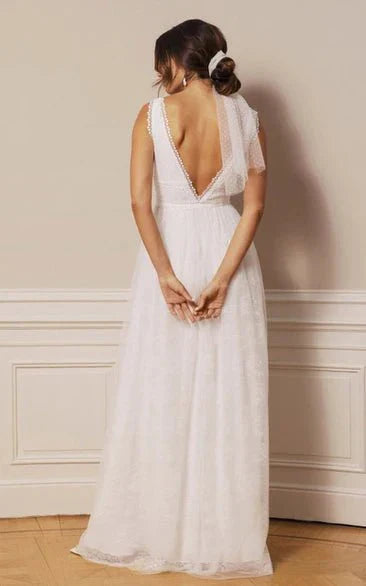 Bohemian Lace Tulle Plunging Neckline A Line Floor length Deep V Back Wedding Dress