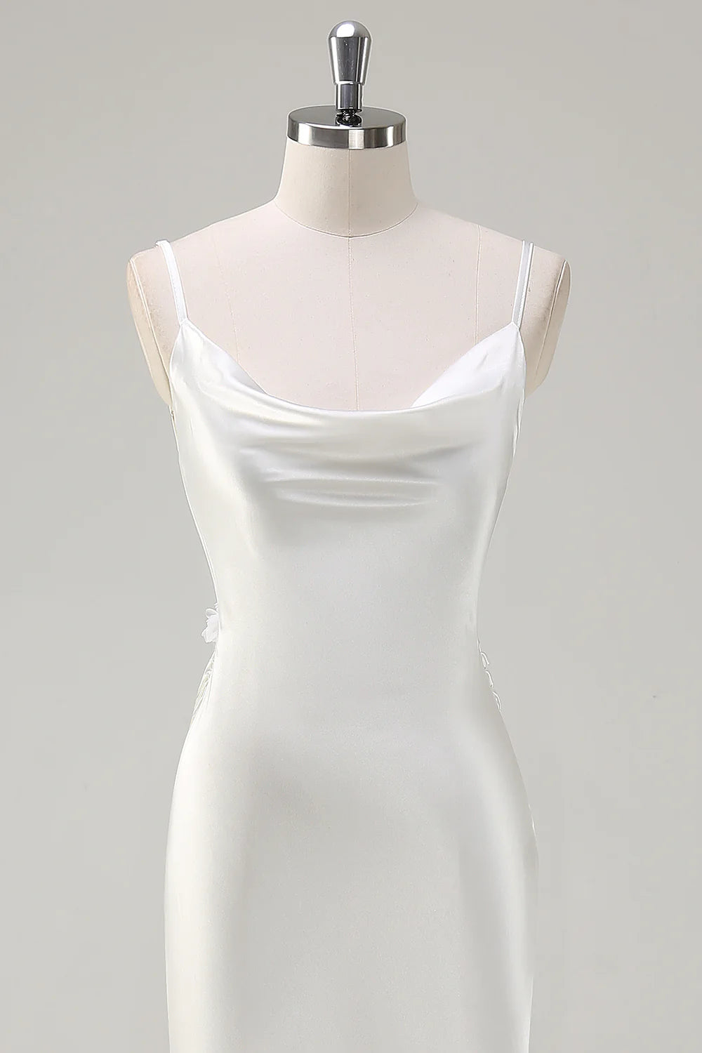 White Mermaid Cowl Neck Spaghetti Straps Backless Long Wedding Dress