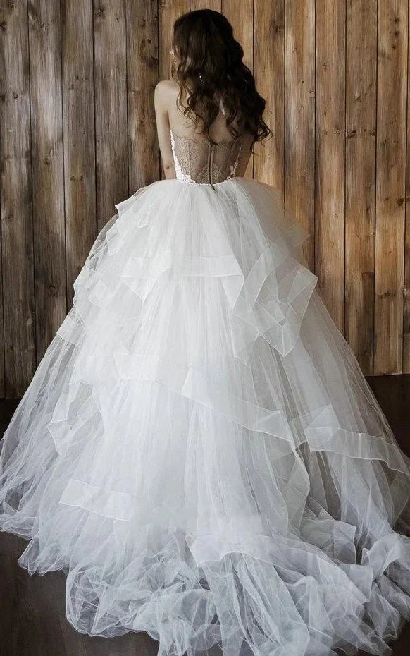 Detachable Floral Princess A Line Boho Lace Wedding Dress Elegant Chic Sweetheart Court Train Ball Gown
