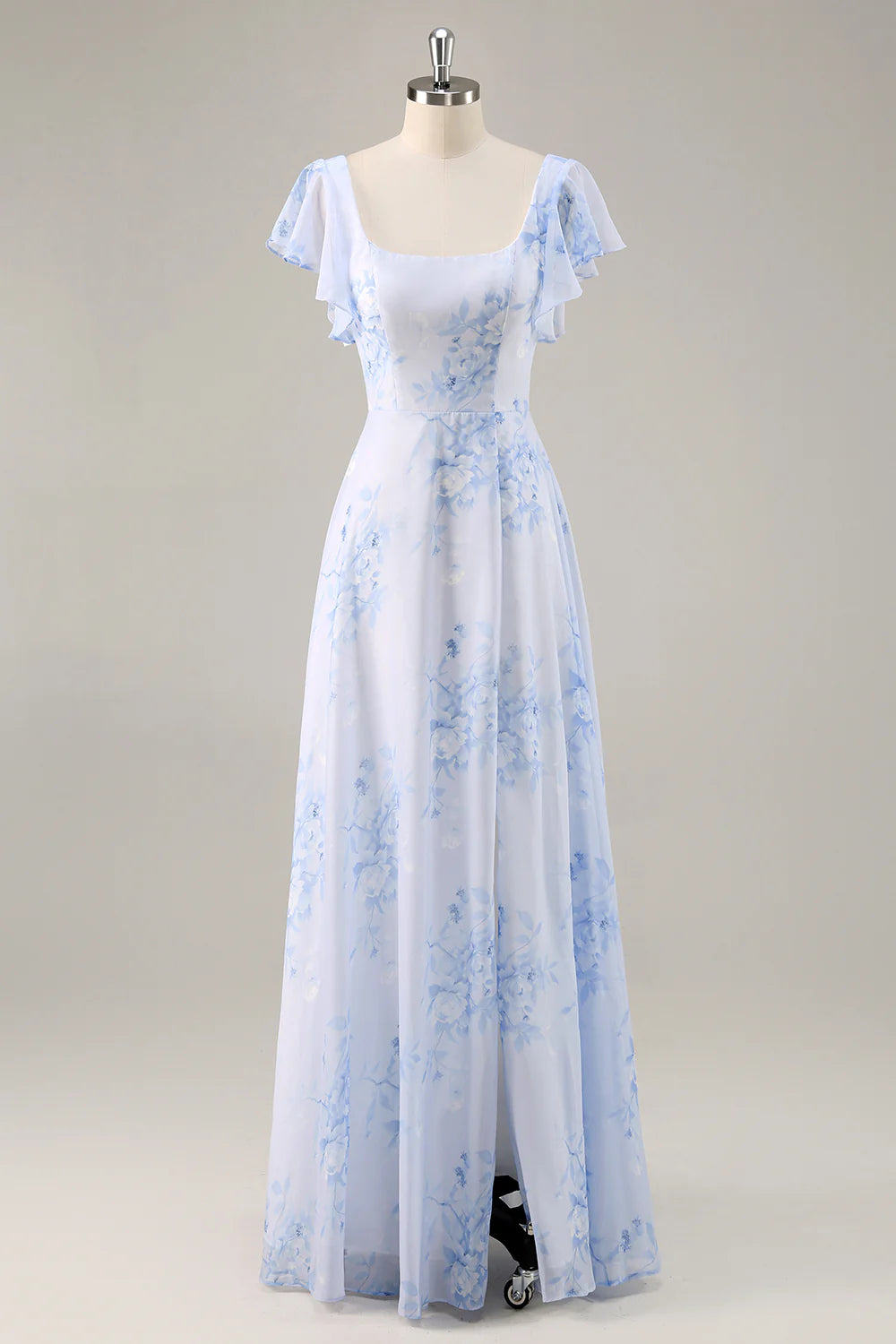 Blue Flower A Line Square Neck Chiffon Flutter Sleeves Long Bridesmaid Dress with Slit