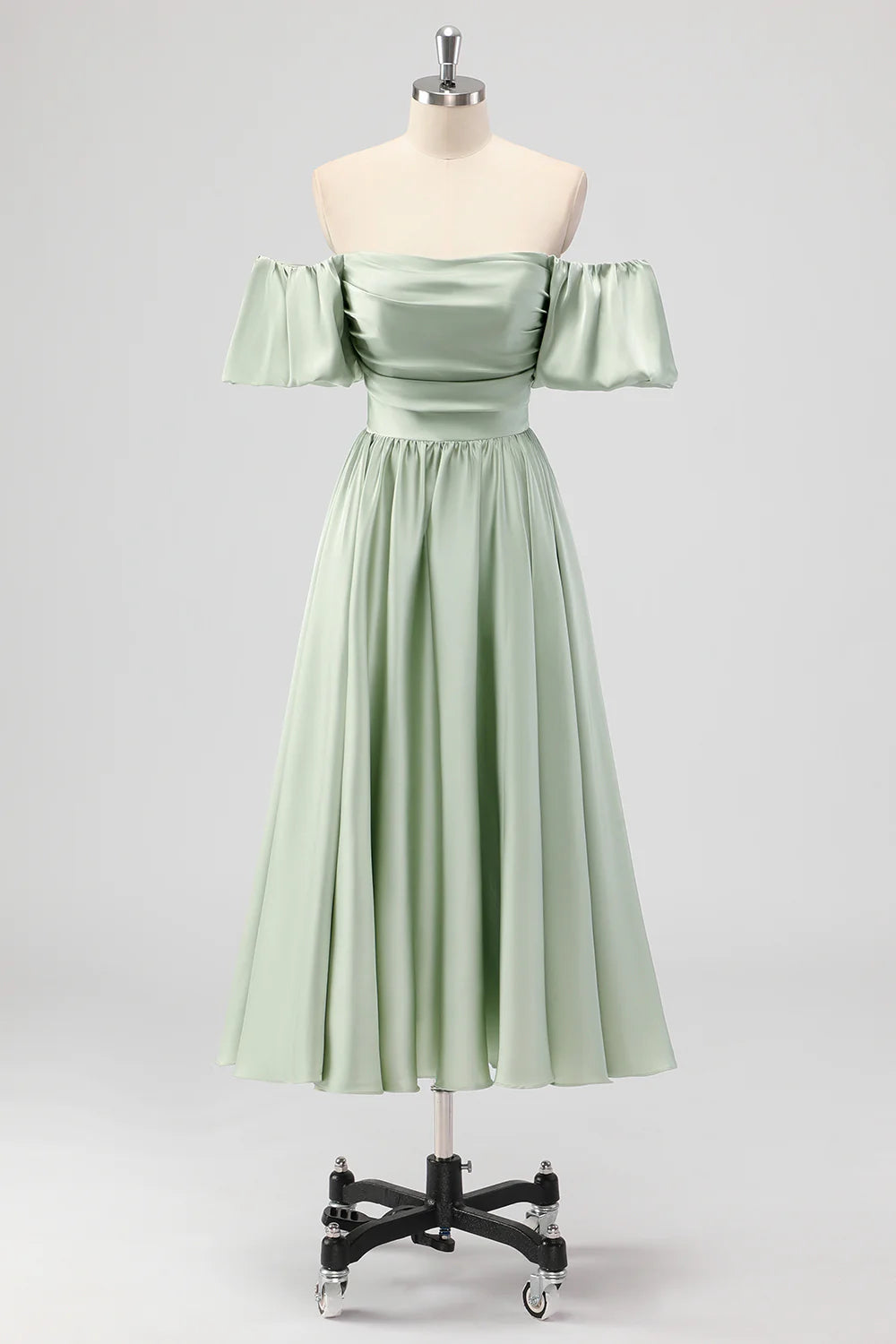 Sage Green A Line Off The Shoulder Ruched Satin Midi Dress
