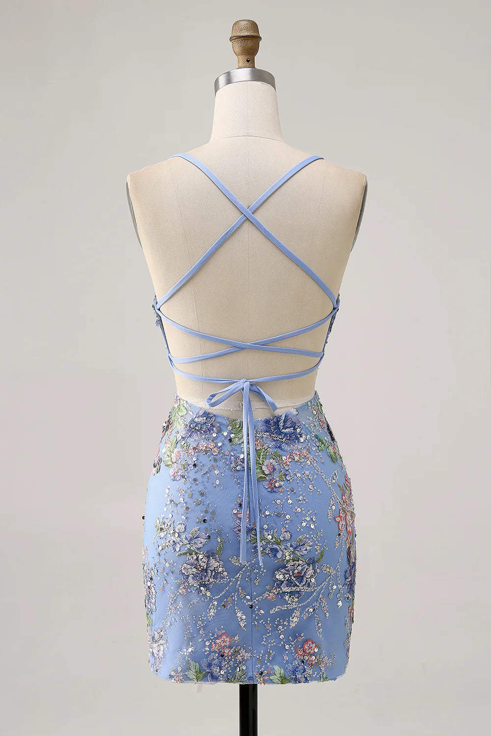 Lilac Spaghetti Straps Short Floral Tight Homecoming Dress
