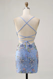 Floral Blue Short Tight Homecoming Dress with Appliques