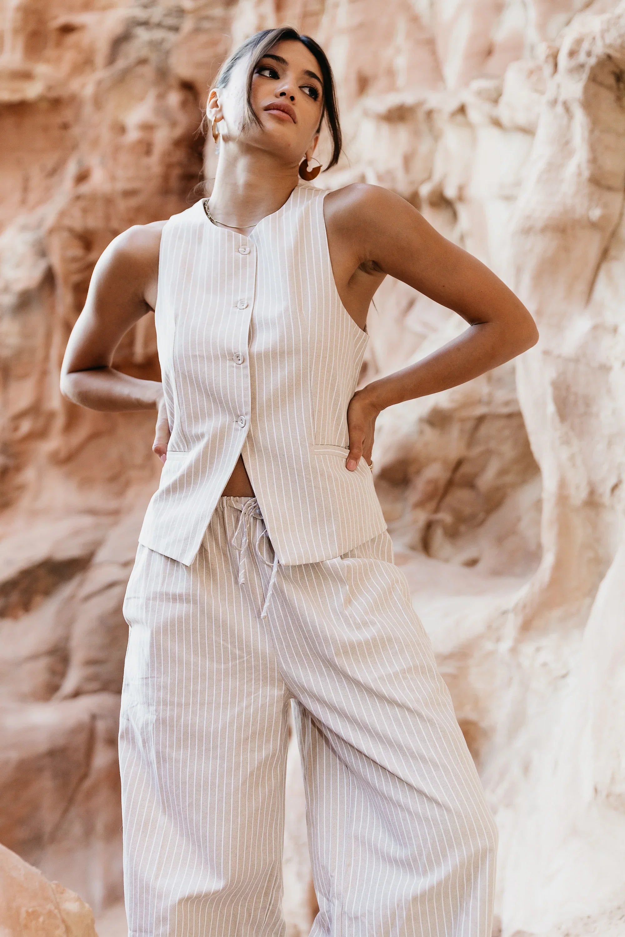 Rosa Striped Vest in Taupe