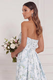 Blue White Flower Strapless Mermaid Bridesmaid Dress with Slit