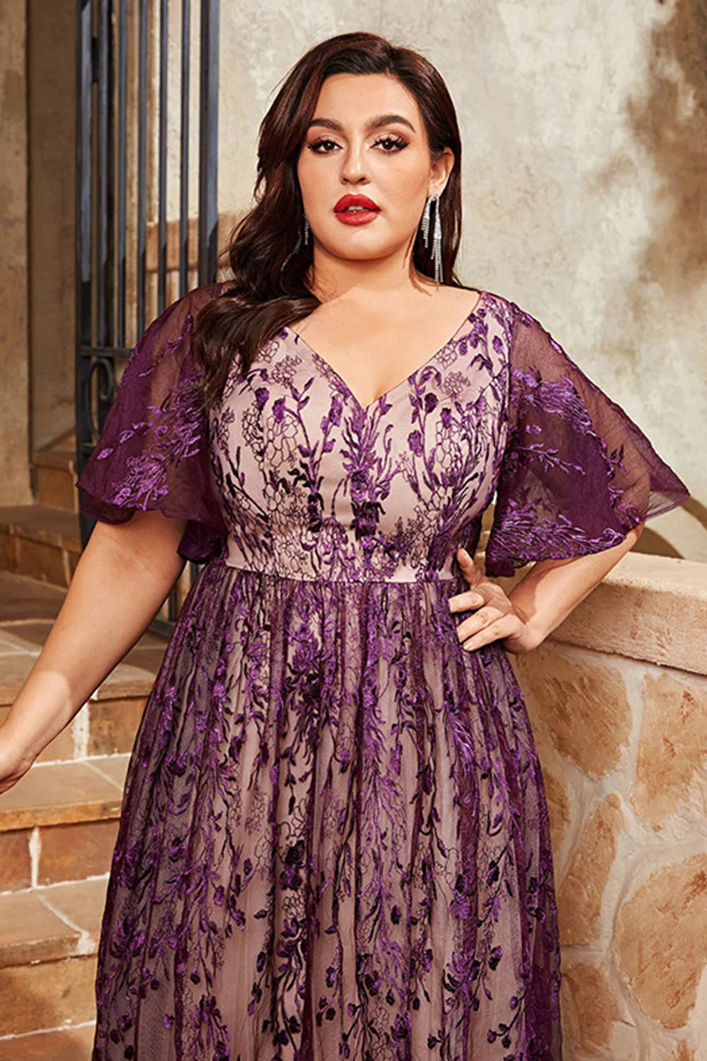 Purple Plus Size A Line Long Mother Of The Bride Dress With Appliques