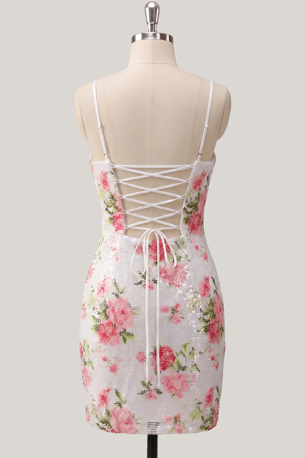 Sparkly White Floral Bodycon Short Homecoming Dress with Lace up Back