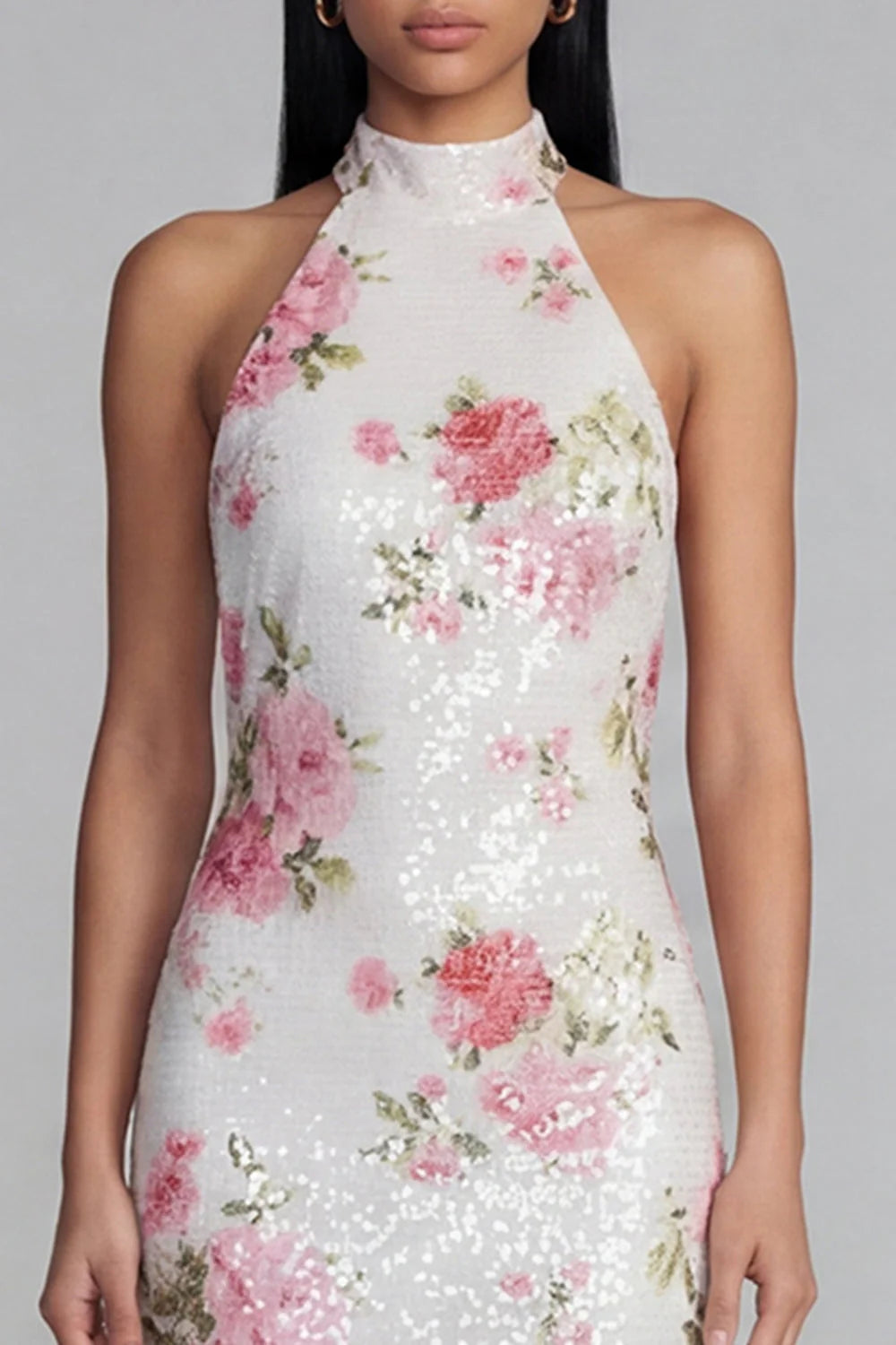 Halter Pink Floral Mermaid Maxi Wedding Guest Dress
