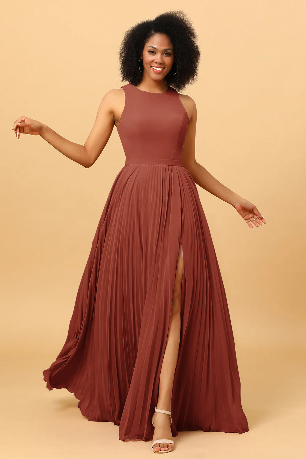 A Line Pleated Long Chiffon Bridesmaid Dress with Ruffles