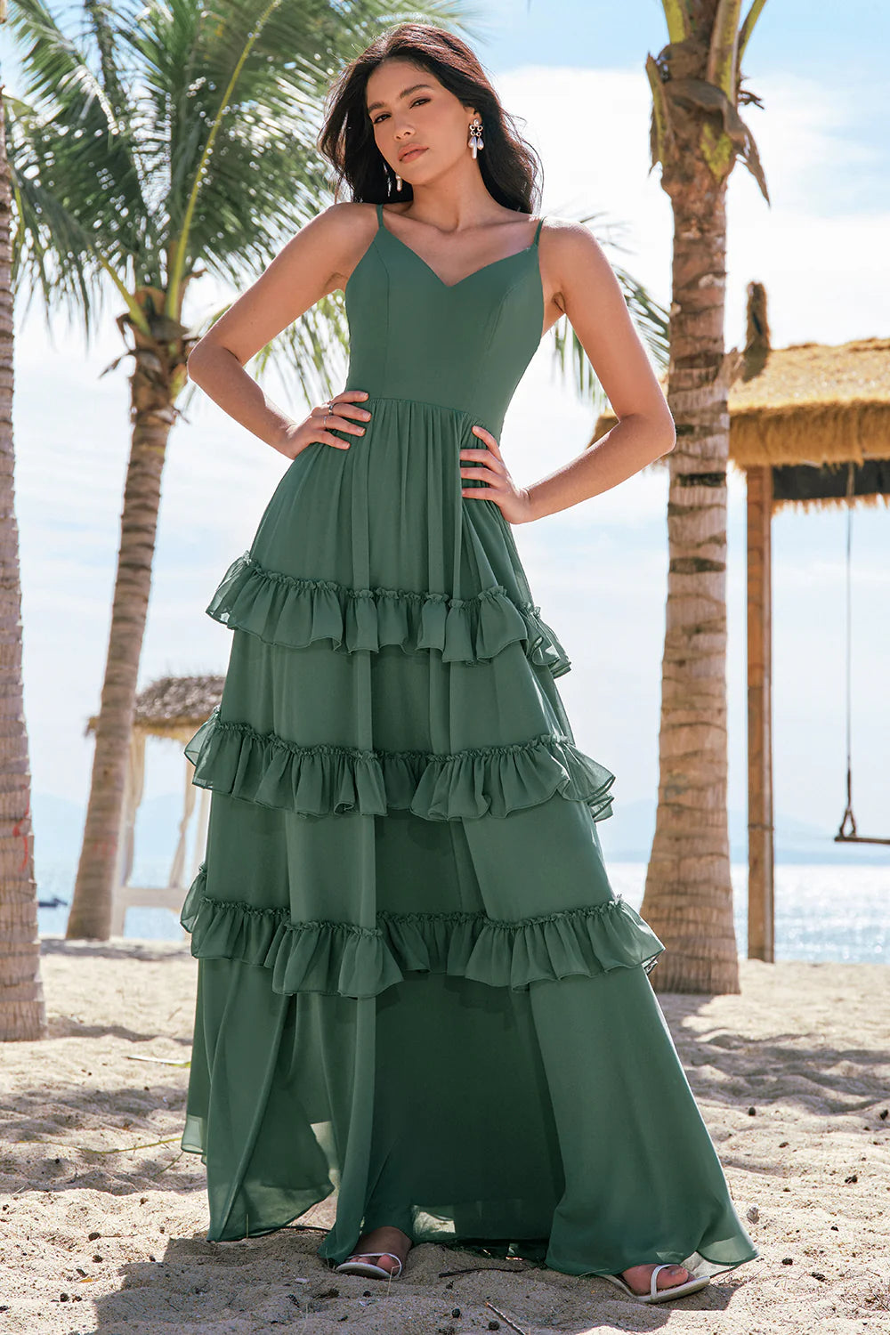 Eucalyptus A Line Spaghetti Straps Tiered Chiffon Long Bridesmaid Dress