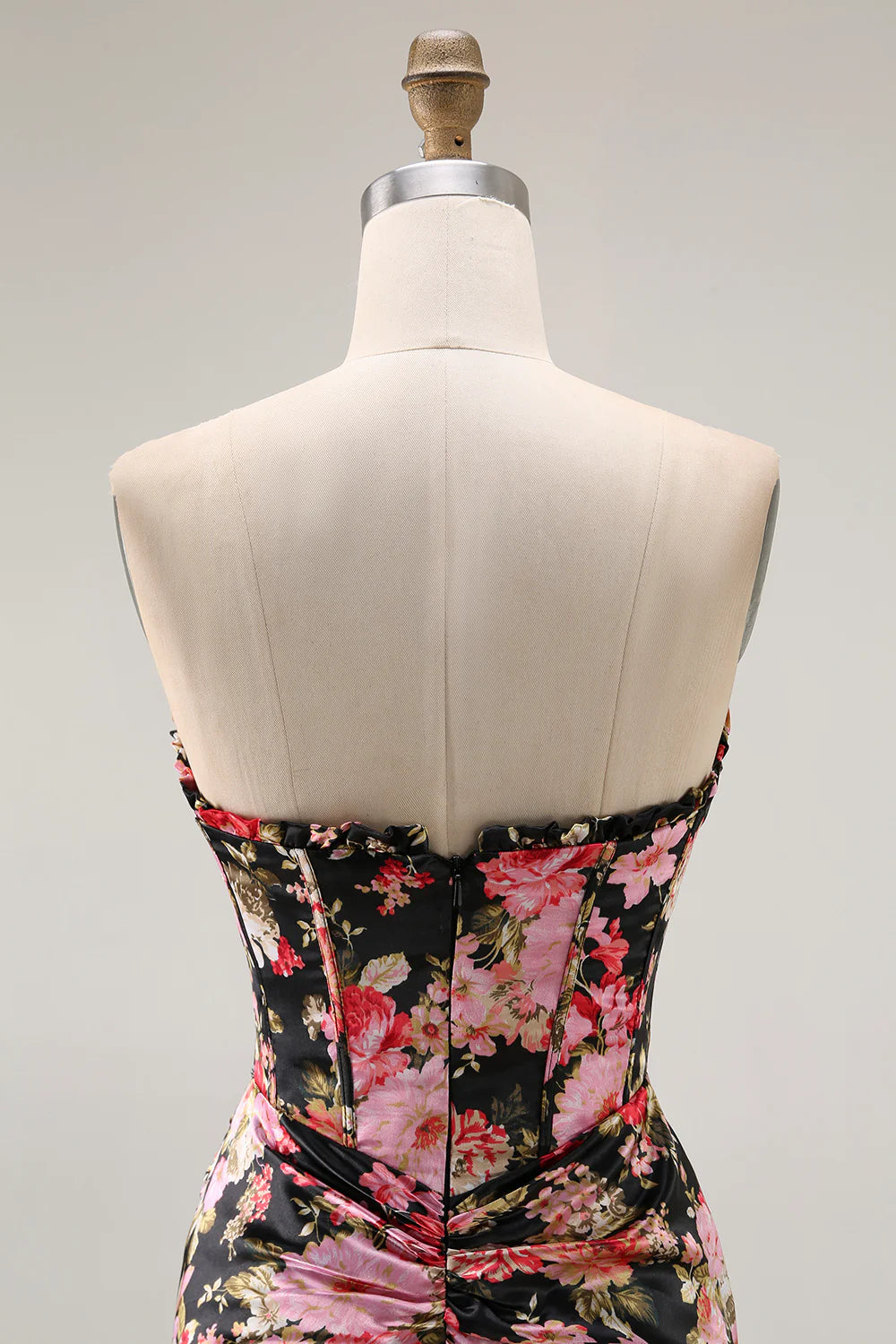Black Pink Floral Mermaid Strapless Corset Long Prom Dress with Slit