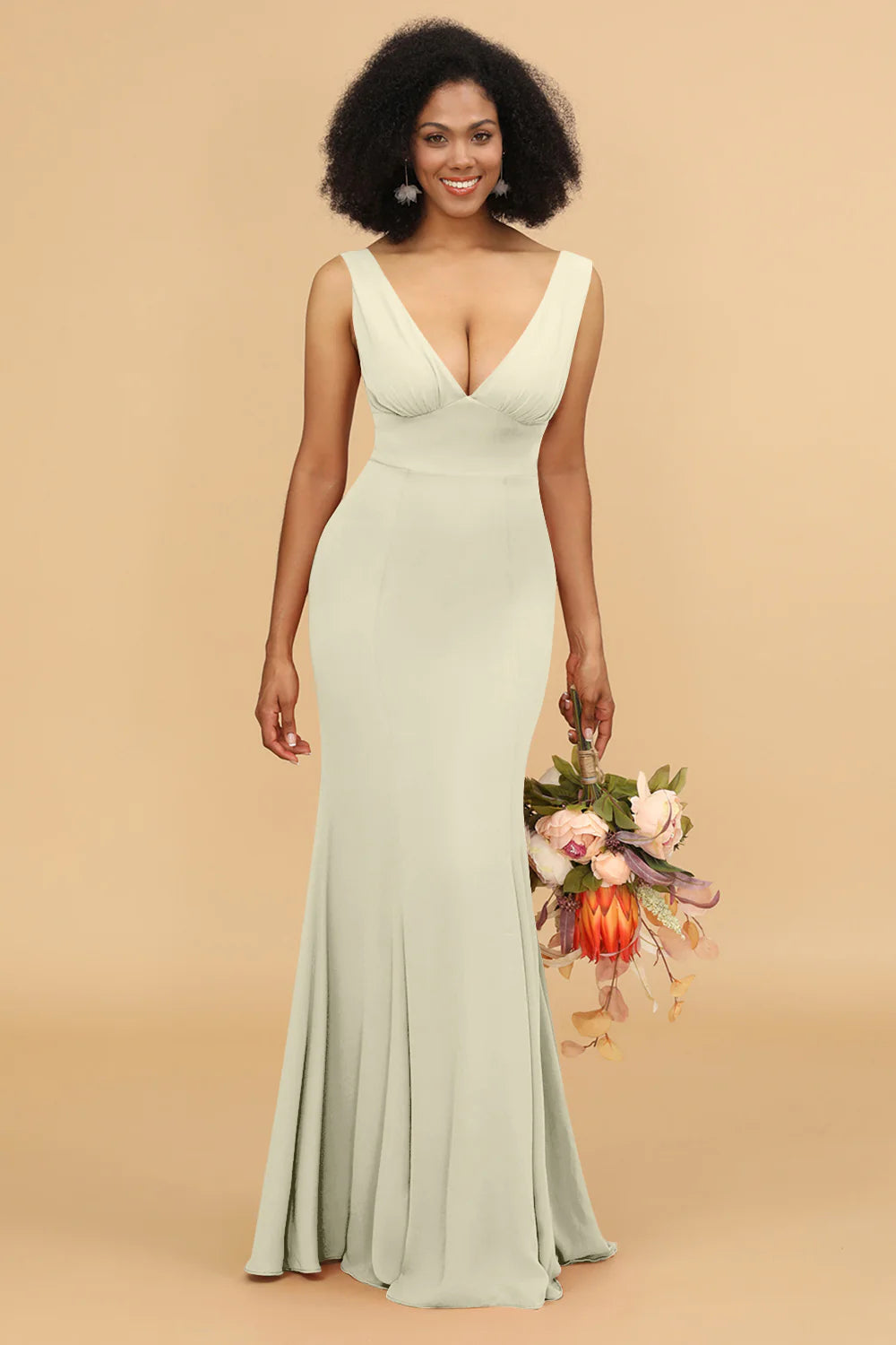 Mermaid V neck Open Back Long Chiffon Bridesmaid Dress With Ruffles